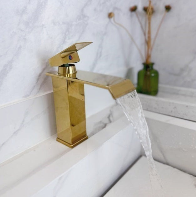 misturador monocomando em aço inox dourado tipo cascata para lavatório qsm-j3011 telca